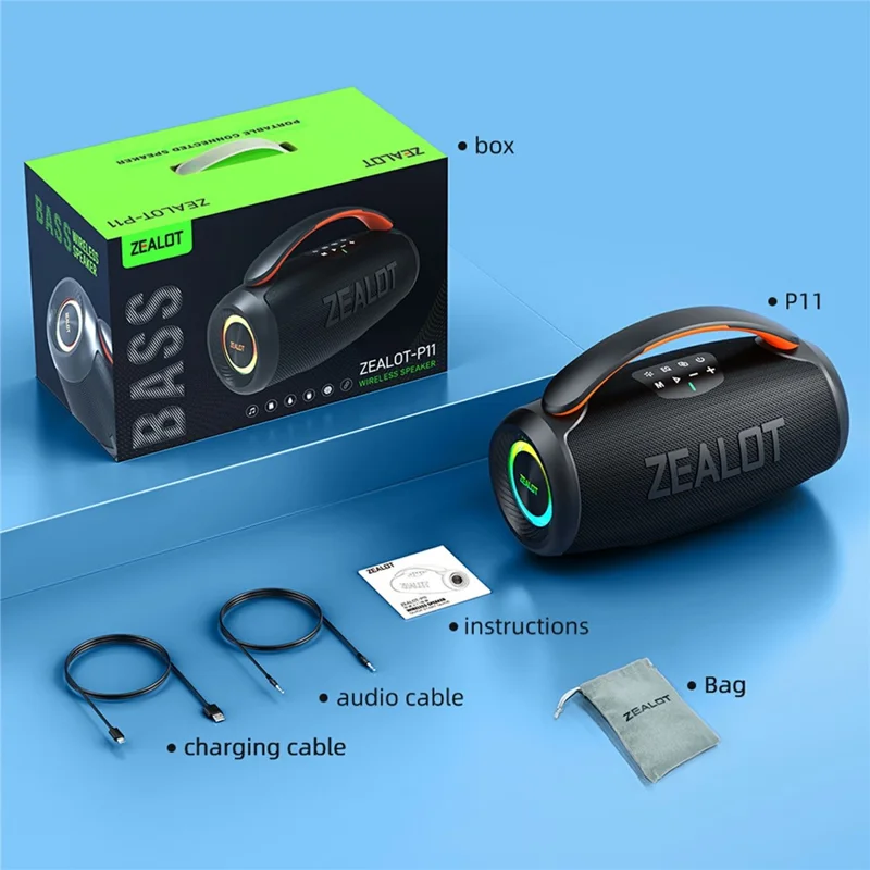 ZEALOT P11 50W Portable Bluetooth-Compatible Speaker RGB Light USB / TF / Aux TWS Wireless Bass Subwoofer - Black