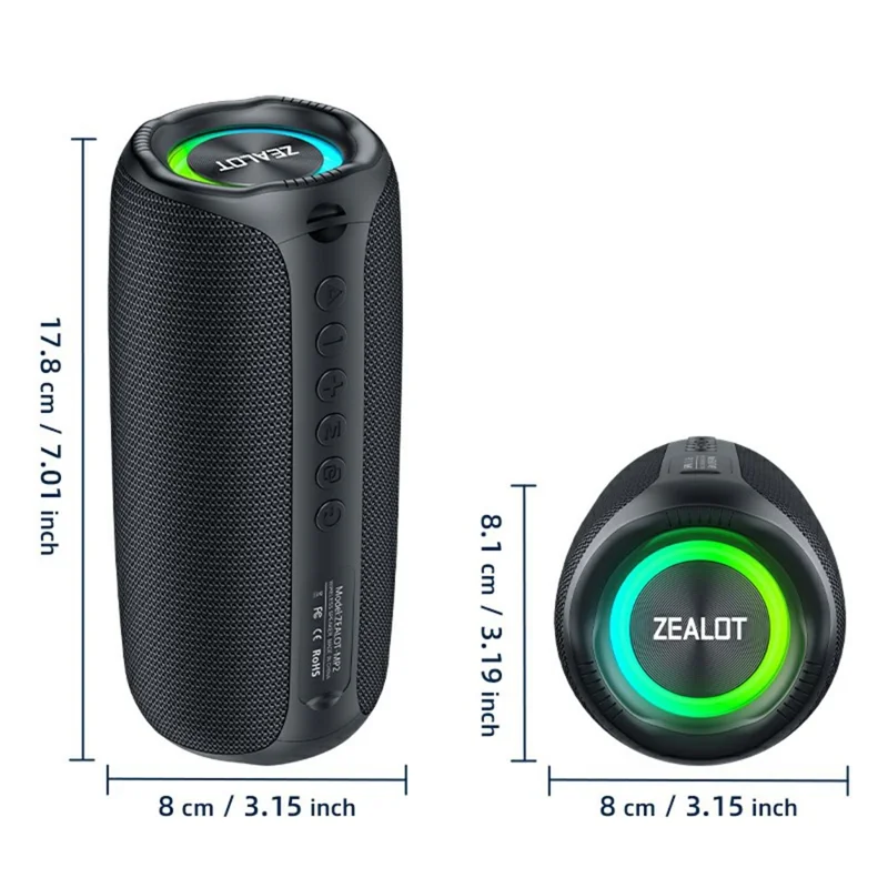 ZEALOT MP2 Outdoor 20W Bluetooth-Compatible Speaker Portable IPX5 Waterproof Bass Subwoofer - Black