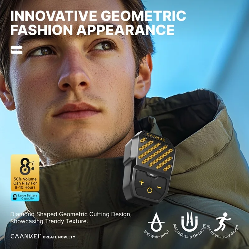 CAANKEI Alto-falante Bluetooth Vestível à Prova d'Água IPX5 com Clipe para Corrida e Ciclismo - Amarelo