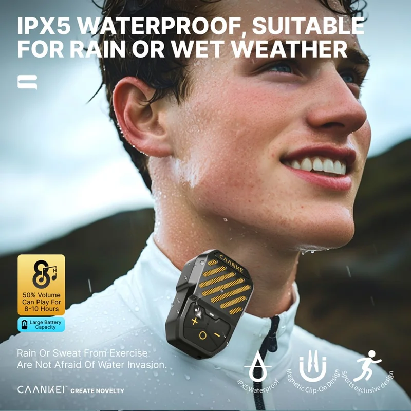 CAANKEI Alto-falante Bluetooth Vestível à Prova d'Água IPX5 com Clipe para Corrida e Ciclismo - Amarelo