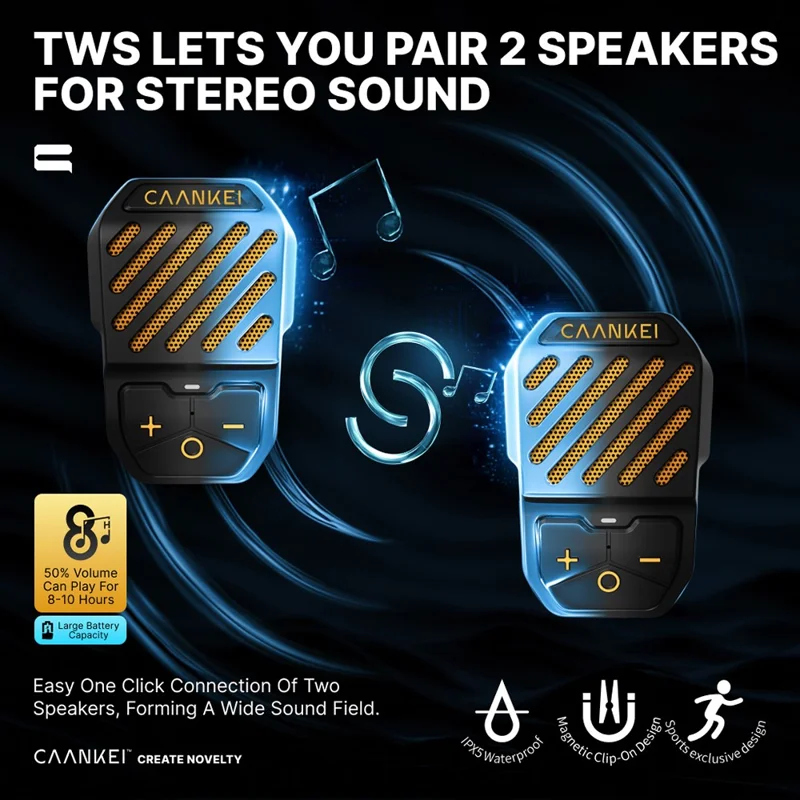 CAANKEI Alto-falante Bluetooth Vestível à Prova d'Água IPX5 com Clipe para Corrida e Ciclismo - Amarelo