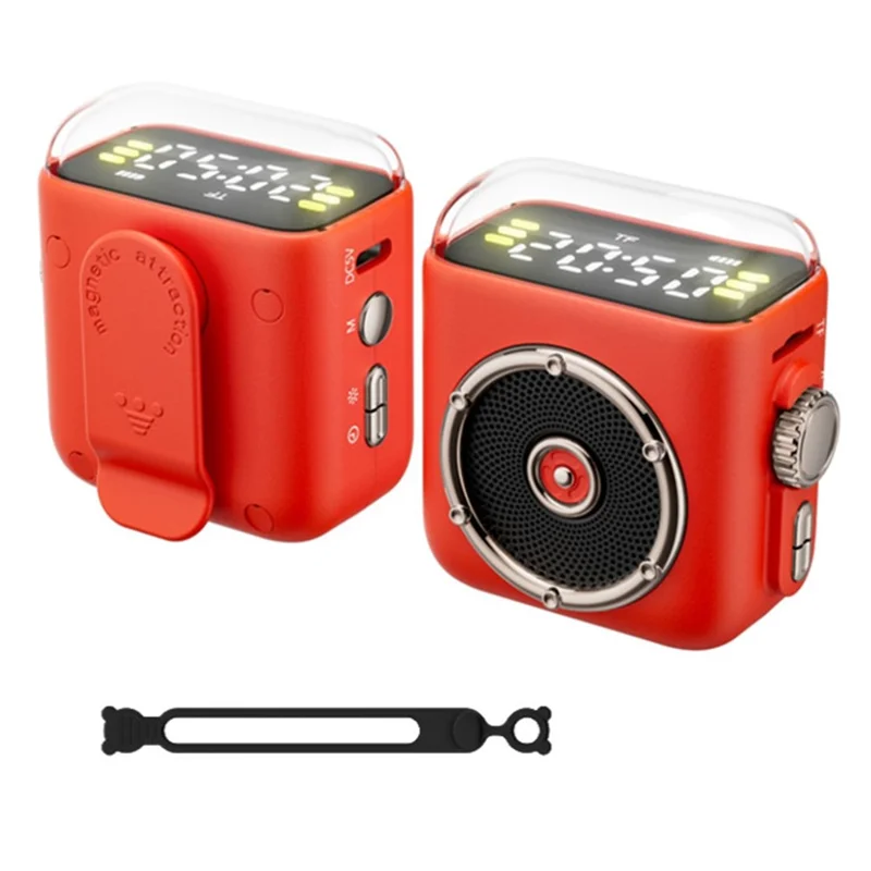 Portable Magnetic Speaker Night Light Clock Bluetooth-Compatible 5.3 Audio Device with Back Clip - Red