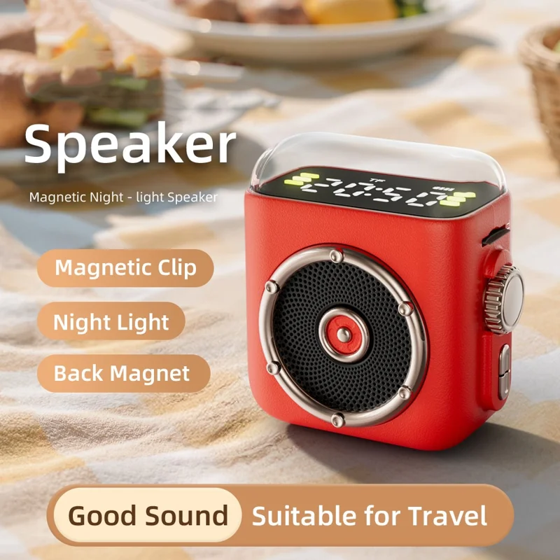Portable Magnetic Speaker Night Light Clock Bluetooth-Compatible 5.3 Audio Device with Back Clip - Red