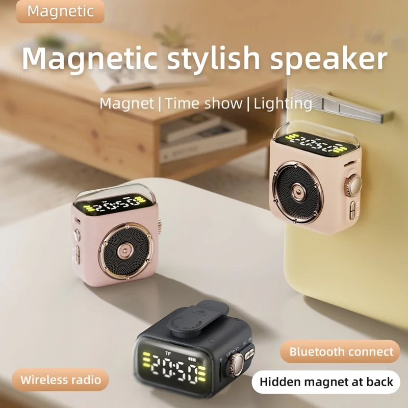Haut-parleur magnétique portable avec horloge et veilleuse Bluetooth 5.3 et clip arrière - Gris foncé
