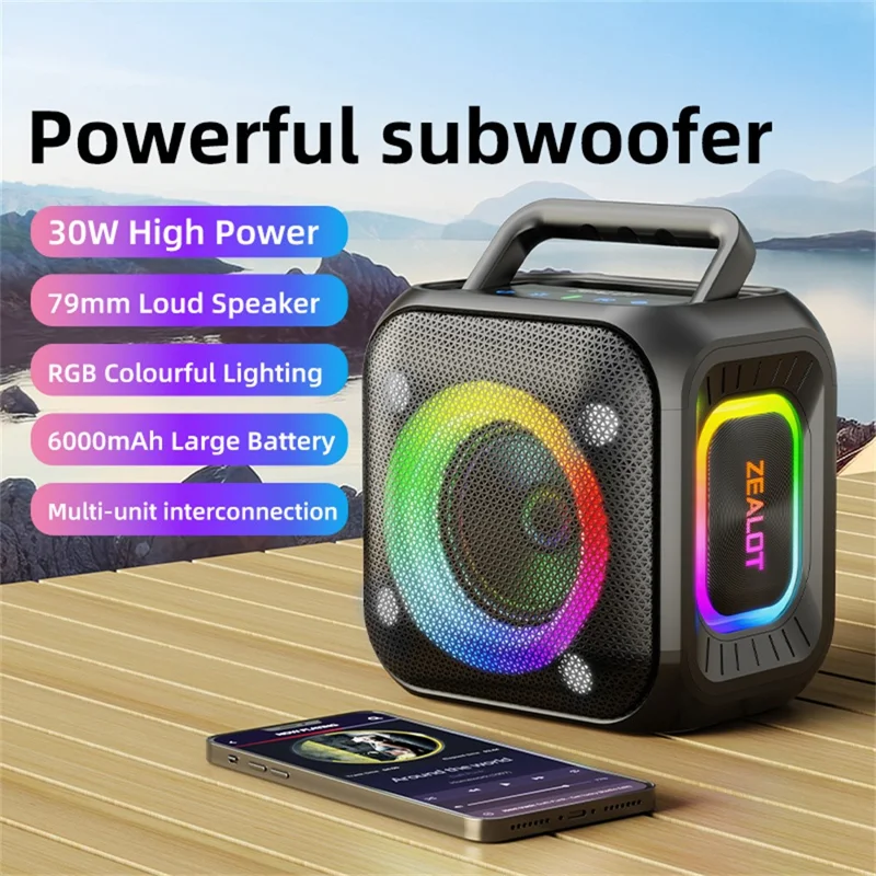 ZEALOT-PT01 Portable 30W Bluetooth-Compatible Speaker Enhanced Bass Waterproof Wireless Loudspeaker - Black