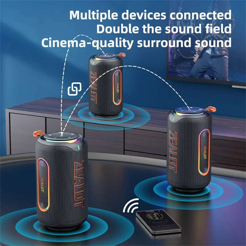ZEALOT-MP1 Portable Bluetooth-Compatible Speaker 60W Enhanced Bass Waterproof Loudspeaker - Black