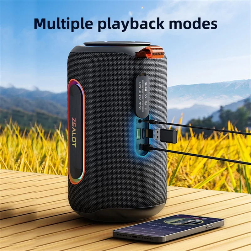 ZEALOT-MP1 Portable Bluetooth-Compatible Speaker 60W Enhanced Bass Waterproof Loudspeaker - Black
