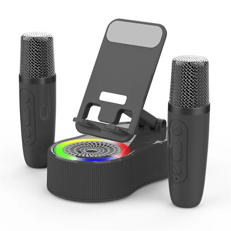 K500 Rotating Phone Stand Mini Bluetooth-compatible Speaker RGB Lighting Karaoke Subwoofer with 2 Microphones - Black