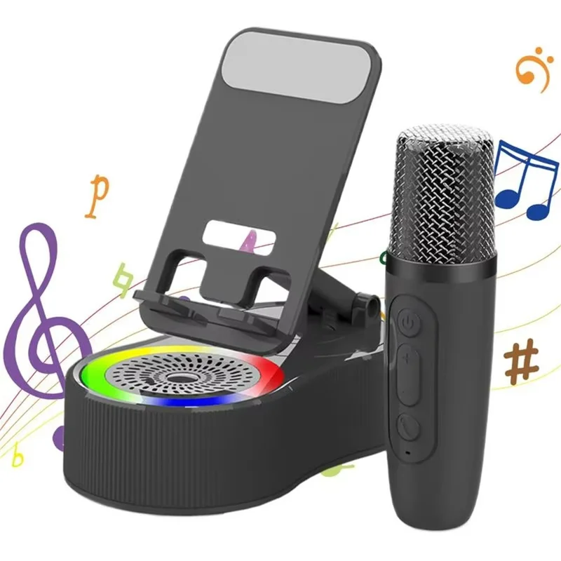 K500 Rotating Phone Stand Mini Bluetooth-compatible Speaker RGB Lighting Karaoke Subwoofer with 2 Microphones - Black