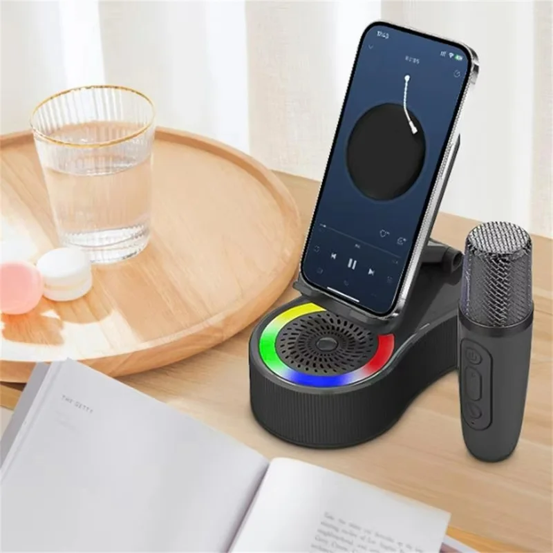 K500 Rotating Phone Stand Mini Bluetooth-compatible Speaker RGB Lighting Karaoke Subwoofer with 2 Microphones - Black