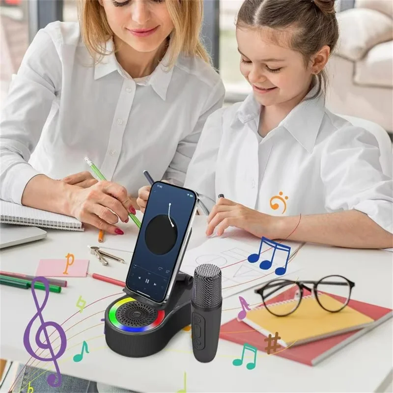 K500 Rotating Phone Stand Mini Bluetooth-compatible Speaker RGB Lighting Karaoke Subwoofer with 2 Microphones - Black