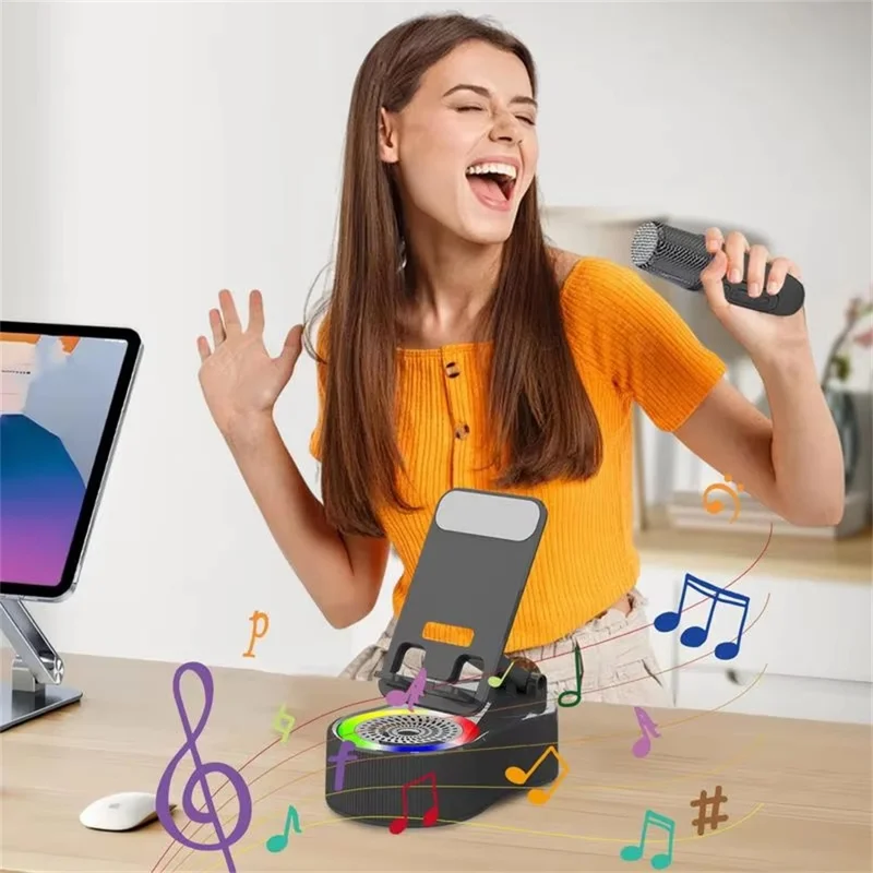 K500 Rotating Phone Stand Mini Bluetooth-compatible Speaker RGB Lighting Karaoke Subwoofer with 2 Microphones - Black