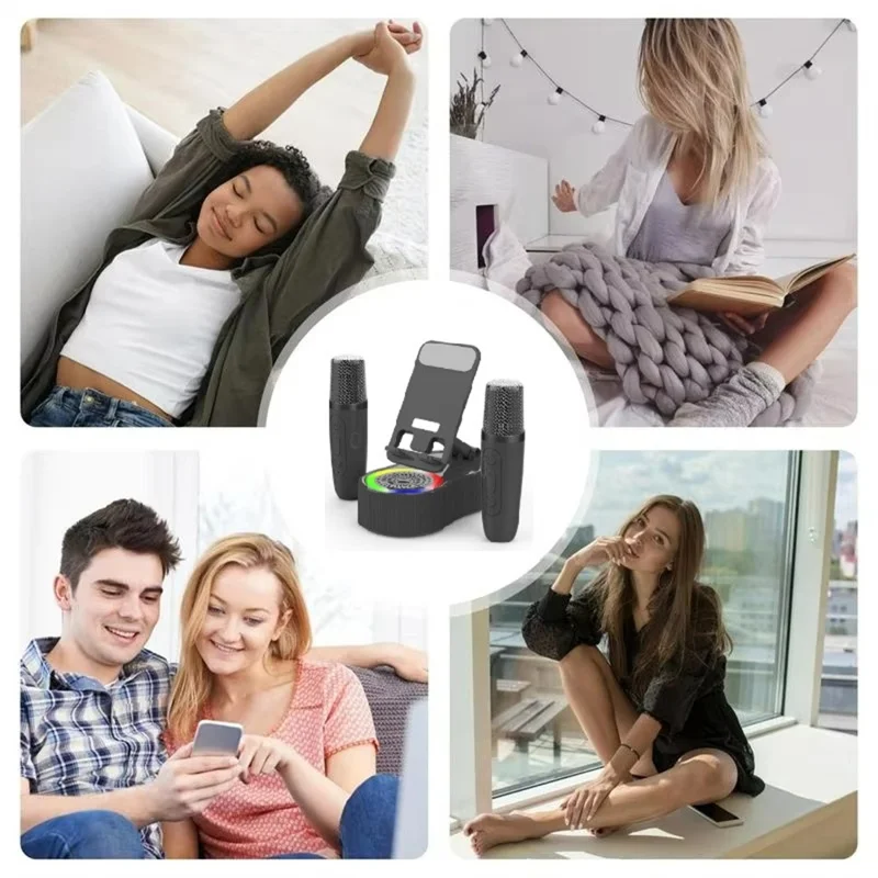K500 Rotating Phone Stand Mini Bluetooth-compatible Speaker RGB Lighting Karaoke Subwoofer with 2 Microphones - Black