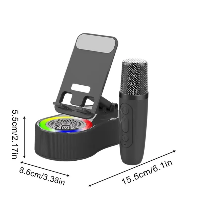 K500 Rotating Phone Stand Mini Bluetooth-compatible Speaker RGB Lighting Karaoke Subwoofer with 2 Microphones - Black