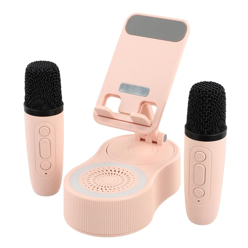 K500 Rotating Phone Stand Mini Bluetooth-compatible Speaker RGB Lighting Karaoke Subwoofer with 2 Microphones - Pink