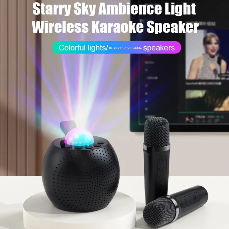 Z1 Portable Wireless Karaoke Speaker and Dual Microphone Set LED Lighting Bluetooth-compatible Music Player with TF Card Slot - Black
