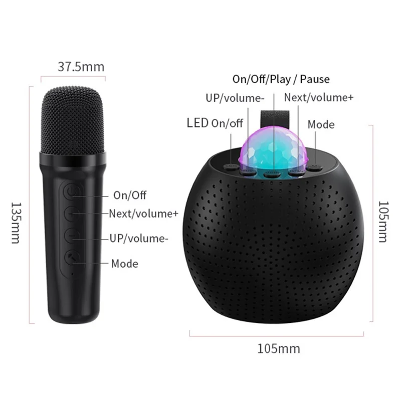 Z1 Portable Wireless Karaoke Speaker and Dual Microphone Set LED Lighting Bluetooth-compatible Music Player with TF Card Slot - Black