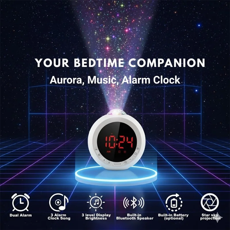 Réveil multifonctions F4006 avec projecteur de ciel étoilé + Haut-parleur compatible Bluetooth avec batterie intégrée