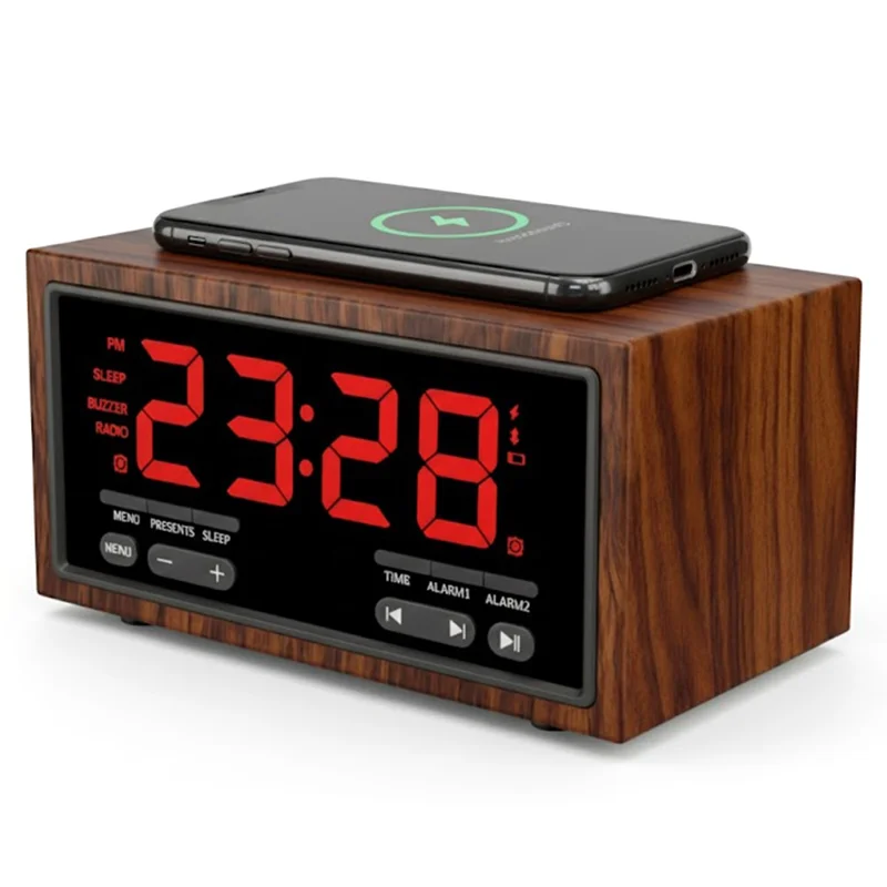 F1503 4 in 1 Wood Wireless Charging Station 15W Max Wireless Charger + Bluetooth-Compatible Speaker + Clock + FM Radio