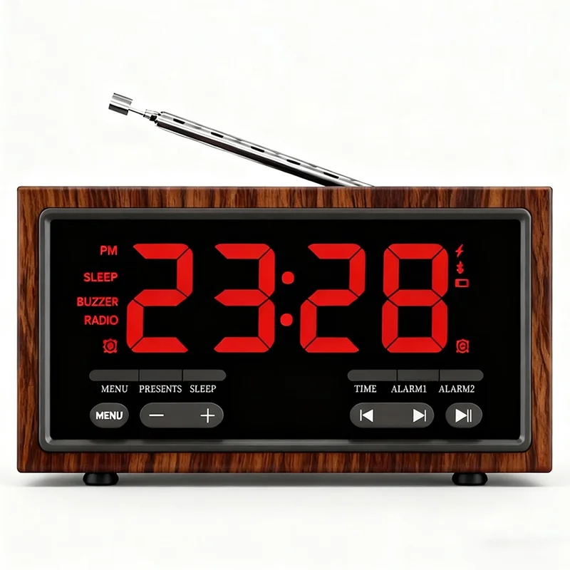 F1503 4 in 1 Wood Wireless Charging Station 15W Max Wireless Charger + Bluetooth-Compatible Speaker + Clock + FM Radio