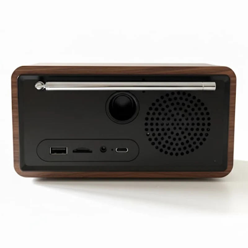 F1503 4 in 1 Wood Wireless Charging Station 15W Max Wireless Charger + Bluetooth-Compatible Speaker + Clock + FM Radio