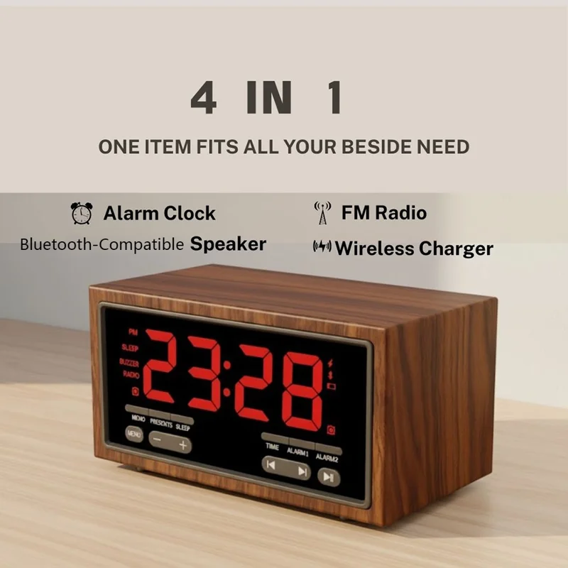 F1503 4 in 1 Wood Wireless Charging Station 15W Max Wireless Charger + Bluetooth-Compatible Speaker + Clock + FM Radio