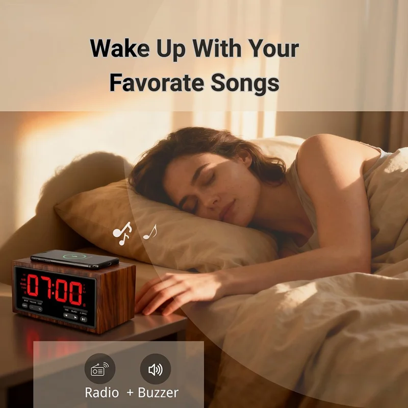 F1503 4 in 1 Wood Wireless Charging Station 15W Max Wireless Charger + Bluetooth-Compatible Speaker + Clock + FM Radio