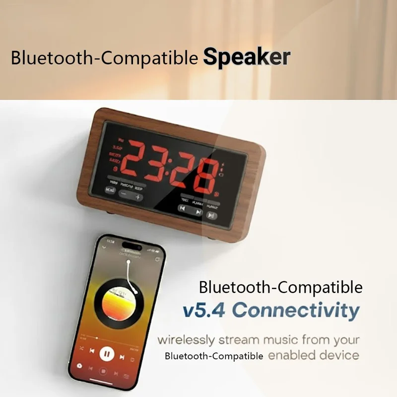 F1503 4 in 1 Wood Wireless Charging Station 15W Max Wireless Charger + Bluetooth-Compatible Speaker + Clock + FM Radio
