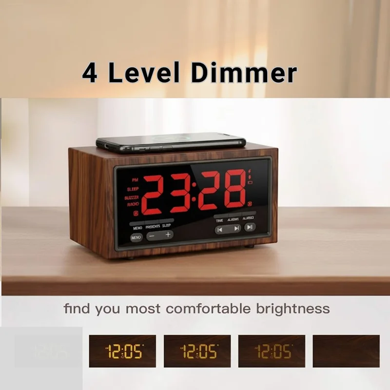 F1503 4 in 1 Wood Wireless Charging Station 15W Max Wireless Charger + Bluetooth-Compatible Speaker + Clock + FM Radio
