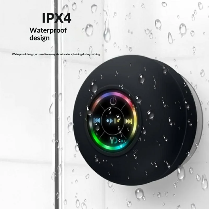 Enceinte sans fil Bluetooth avec ventouse et lumières LED, étanche IPX4, portable pour salle de bain, plage - Noir