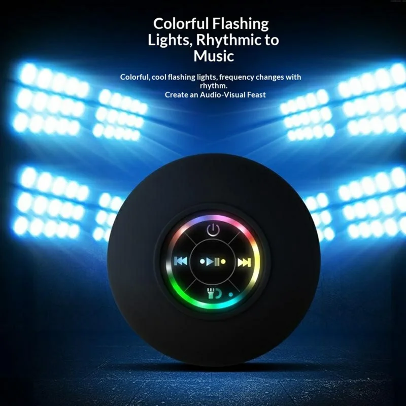 Enceinte sans fil Bluetooth avec ventouse et lumières LED, étanche IPX4, portable pour salle de bain, plage - Noir