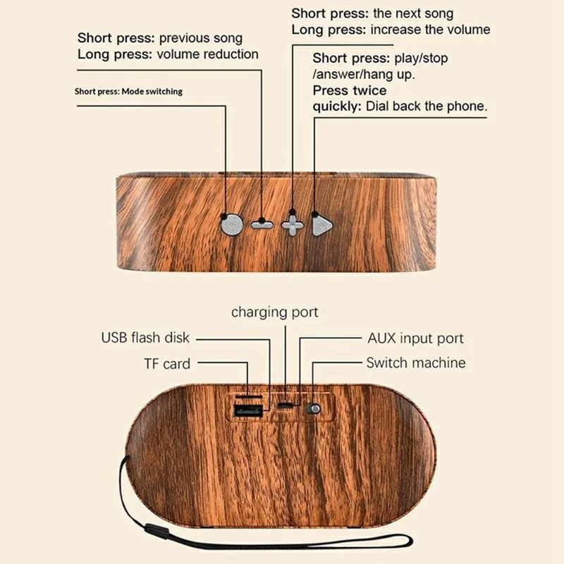 Clear Sound Bluetooth-Compatible Speaker F3 Outdoor Wireless Mini Subwoofer Long Battery Life for Home Travel - Wood