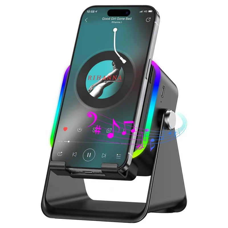 027 مكبّر صوت بلوتوث لاسلكي مع ضوء RGB ومحطة شحن وحامل هاتف - أسود