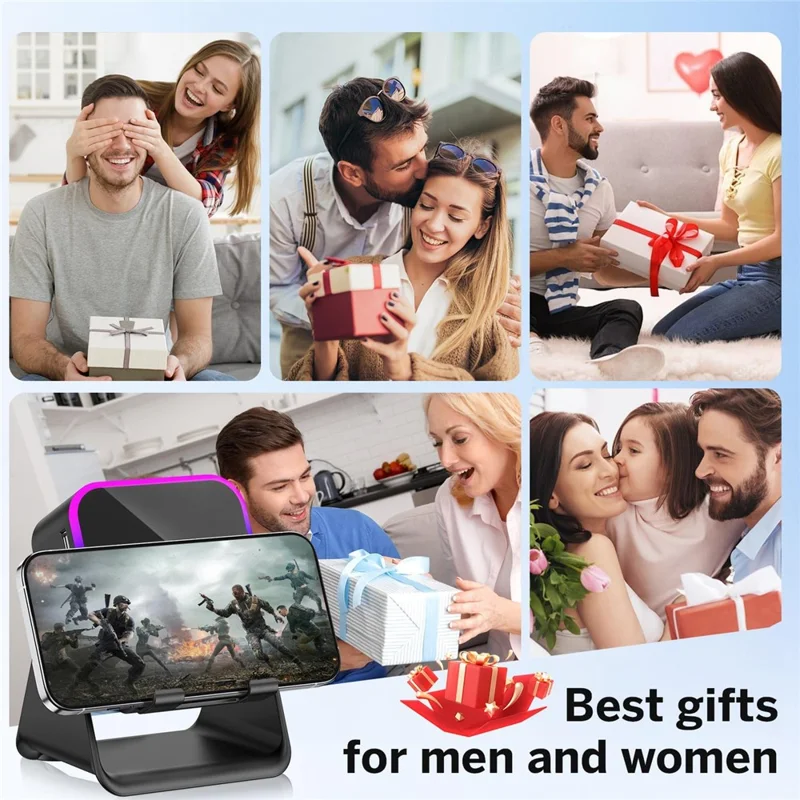 027 مكبّر صوت بلوتوث لاسلكي مع ضوء RGB ومحطة شحن وحامل هاتف - أسود