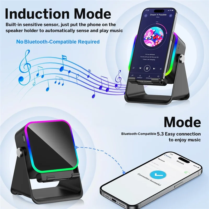 027 مكبّر صوت بلوتوث لاسلكي مع ضوء RGB ومحطة شحن وحامل هاتف - أسود