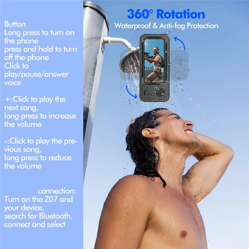Z07 Bathroom Waterproof Phone Case Bluetooth-Compatible Speaker Wall Mount Touch Screen Phone Holder for Showering - Black