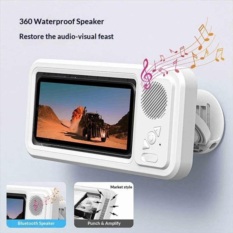 Z07 Bathroom Waterproof Phone Case Bluetooth-Compatible Speaker Wall Mount Touch Screen Phone Holder for Showering - White