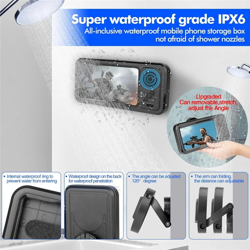 Z07 Bathroom Waterproof Phone Case Bluetooth-Compatible Speaker Wall Mount Touch Screen Phone Holder for Showering - White