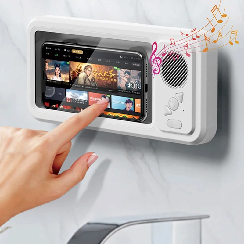 Z07 Bathroom Waterproof Phone Case Bluetooth-Compatible Speaker Wall Mount Touch Screen Phone Holder for Showering - White