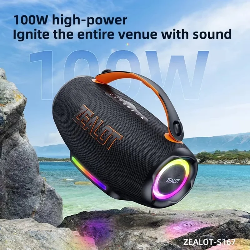ZEALOT S167 100W Portable Bluetooth-Compatible Speaker IPX5 Waterproof Outdoor Wireless Subwoofer with Colorful RGB Lights - Black