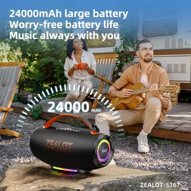 ZEALOT S167 100W Portable Bluetooth-Compatible Speaker IPX5 Waterproof Outdoor Wireless Subwoofer with Colorful RGB Lights - Black