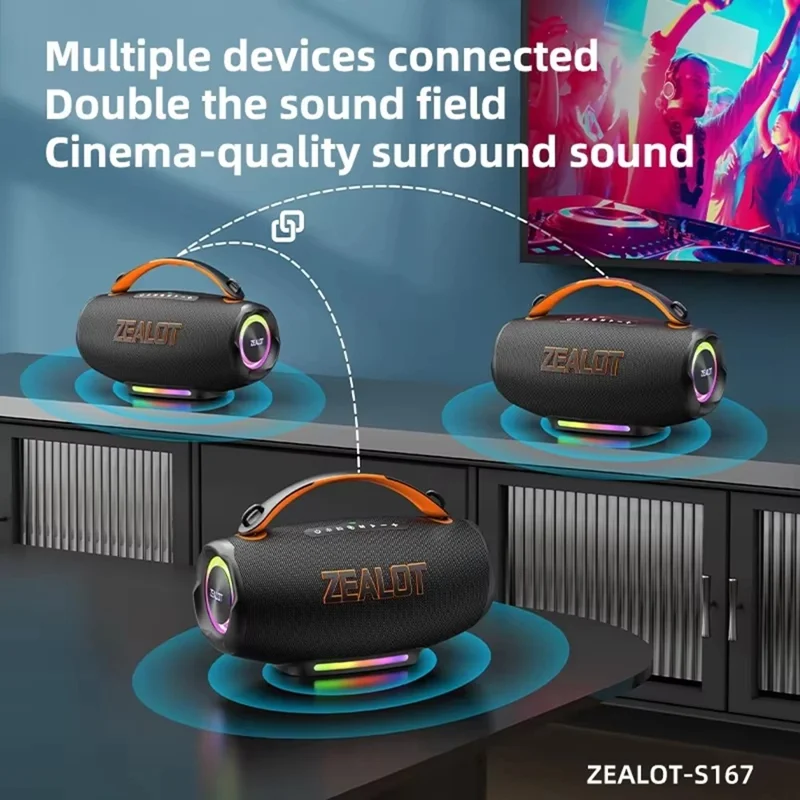 ZEALOT S167 100W Portable Bluetooth-Compatible Speaker IPX5 Waterproof Outdoor Wireless Subwoofer with Colorful RGB Lights - Black