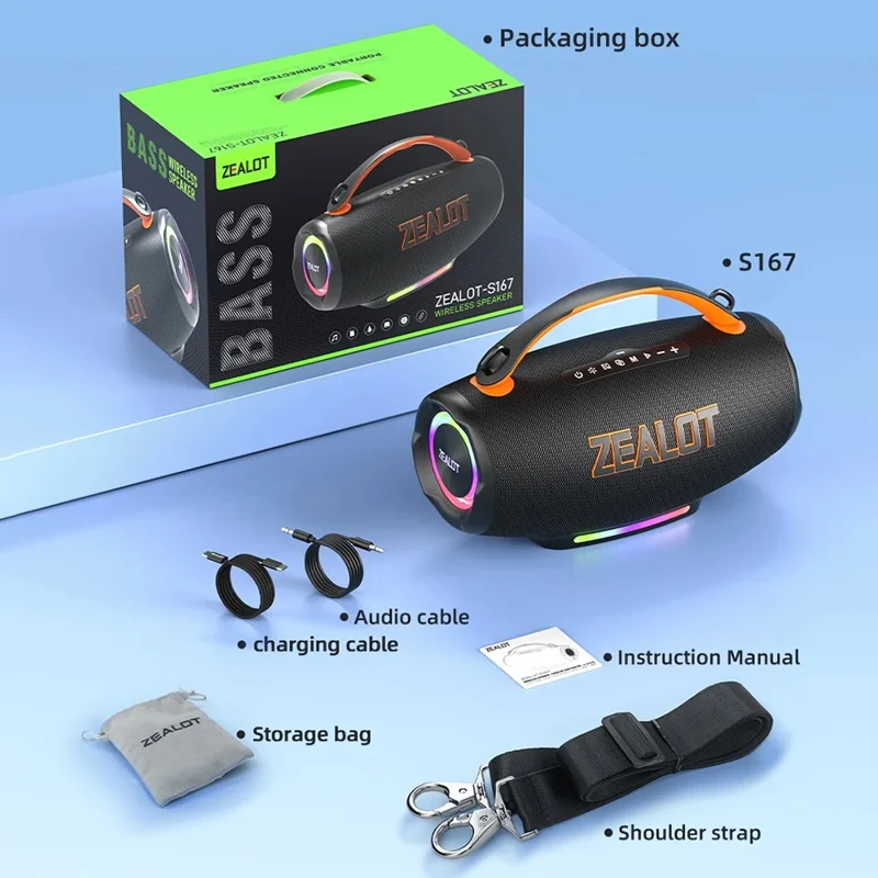 ZEALOT S167 100W Portable Bluetooth-Compatible Speaker IPX5 Waterproof Outdoor Wireless Subwoofer with Colorful RGB Lights - Black