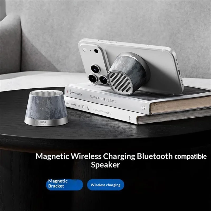 Altavoz inalámbrico magnético con carga inalámbrica rápida de 15 W, altavoz con sonido envolvente de 360°, compatible con Bluetooth de ROCK