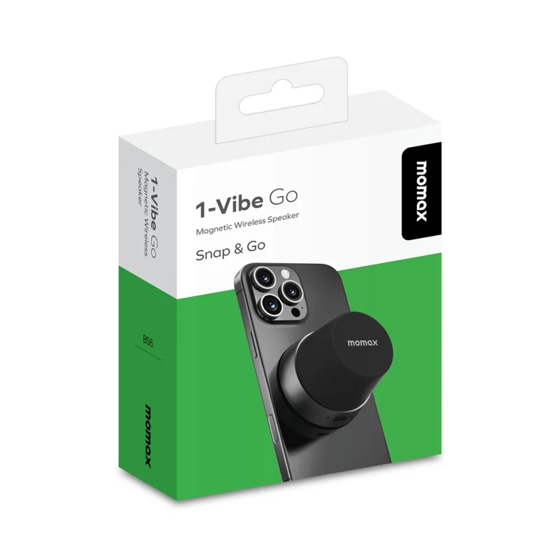 MOMAX 1-Vibe Go BS6 Magnetisk Trådløs Højttaler med Telefonholder Funktion, Bærbar Lydudbyder, IPX6 Vandtæt til Hjem/udendørs - Sort