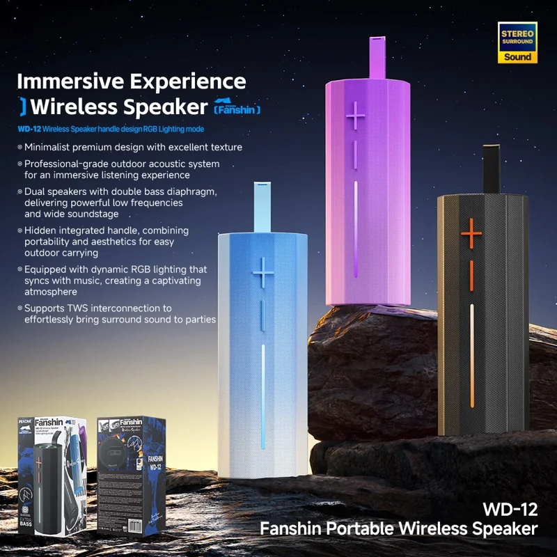 WEKOME WD-12 Fanshin Portable Wireless Speaker Dual Bass Diaphragm RGB Light TWS Stereo Speaker - Black