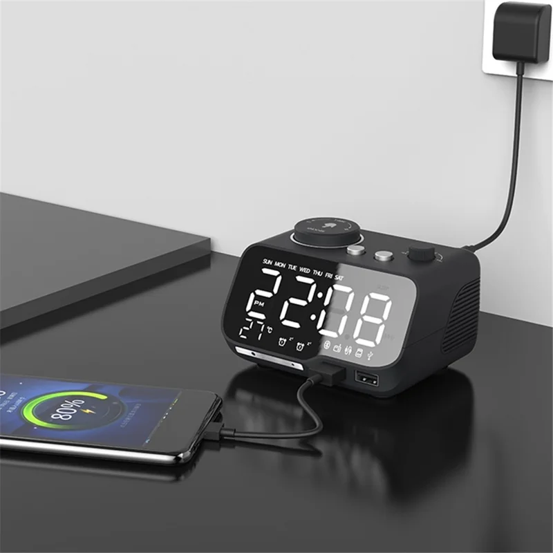 LEMONDA SMART M9 Wireless Bluetooth-compatible Speaker LED Mirror Screen Table Alarm Clock Support FM TF - Black/US Plug