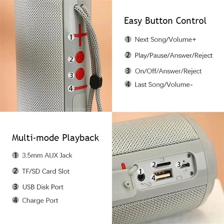 T&G TG621 Portable TWS Bluetooth-compatible Speaker TF Card FM Outdoor Waterproof Wireless Subwoofer (CE Certificated) - Grey