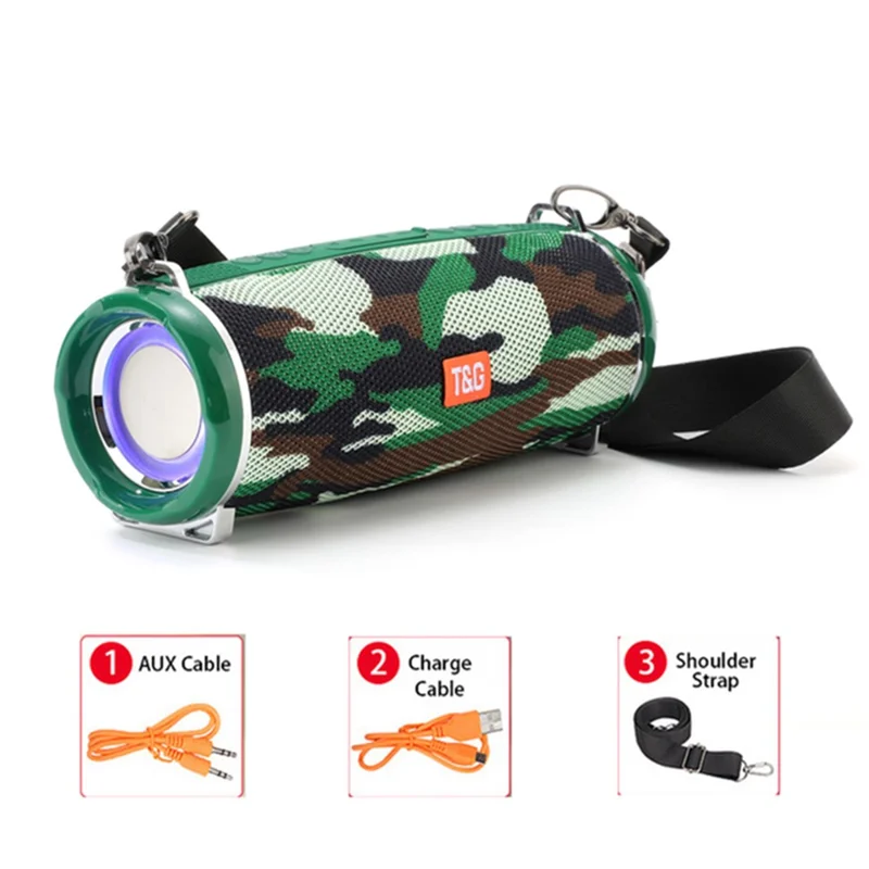 T&G TG192 Portable Outdoor Bluetooth-compatible Speaker TF Card U-Disk FM Wireless Subwoofer with Colorful Flashing LED Light - Camouflage
