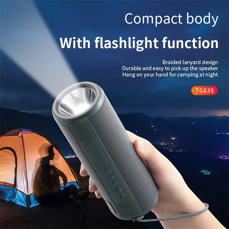 T&G TG635 Bluetooth Music Subwoofer Waterproof Portable Outdoor Wireless Speaker with LED Flashlight Support TF Card FM Radio Aux Input (CE) - Black